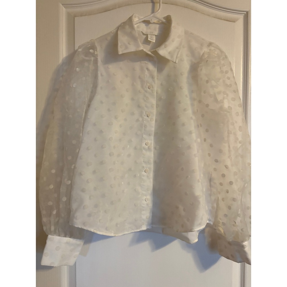 H&M White‎ Polka Dot Sheer Puff Sleeve Button Down Blouse Top Small Chic Party